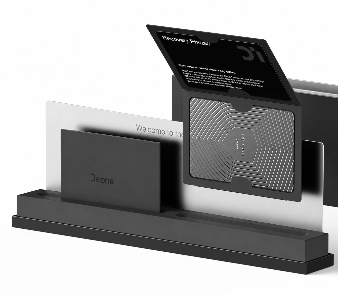 Deone Physical Key with recovery phrase card in the setup stand