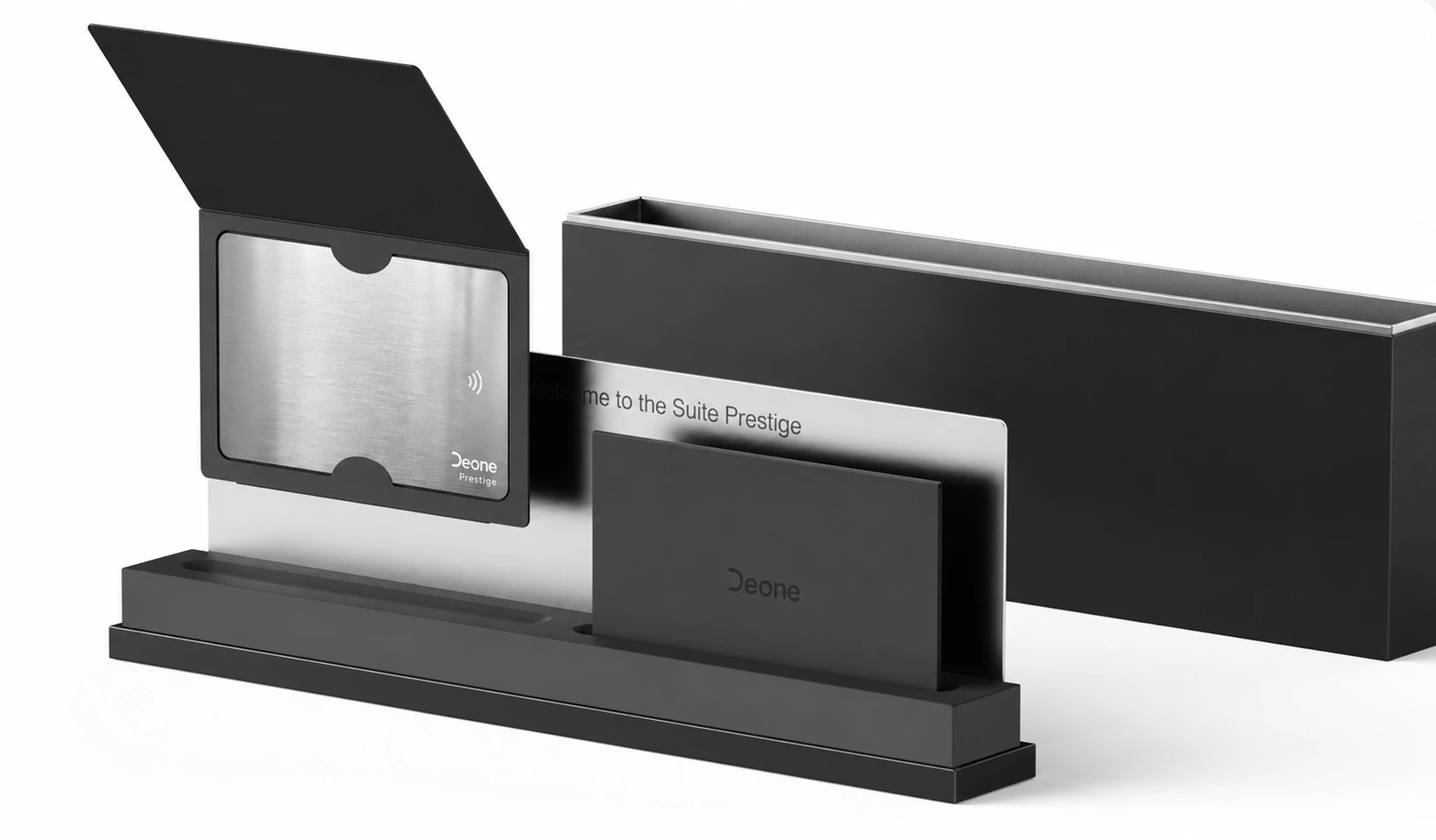 Deone card materials by tier: plastic Deluxe, full-metal Prestige, ceramic-metal Executive